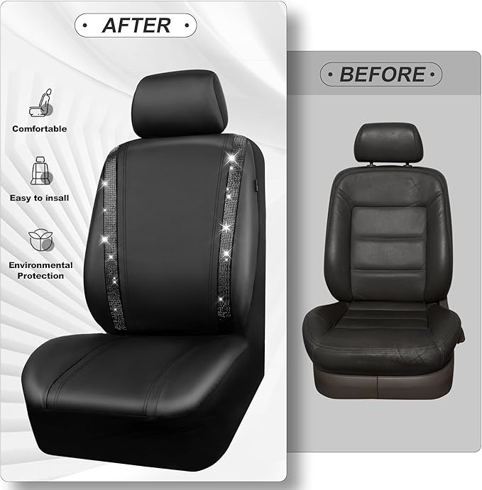 CAR PASS Leather Bling Diamond Car Seat Covers Full Set, Shining Rhinestone Waterproof Durable Rear with Zipper, Universal Fit Automotive Glitter Crystal Sparkle Strip for Cute Women Girly Black