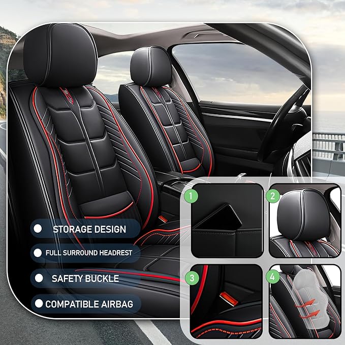 Leather Car Seat Covers Fit for Toyota Mirai 2016-2024, 5 Seater Car Seat Cover, Premium Waterproof, Scratch Resistant Car Interior Accessories (Full Set Black Red)