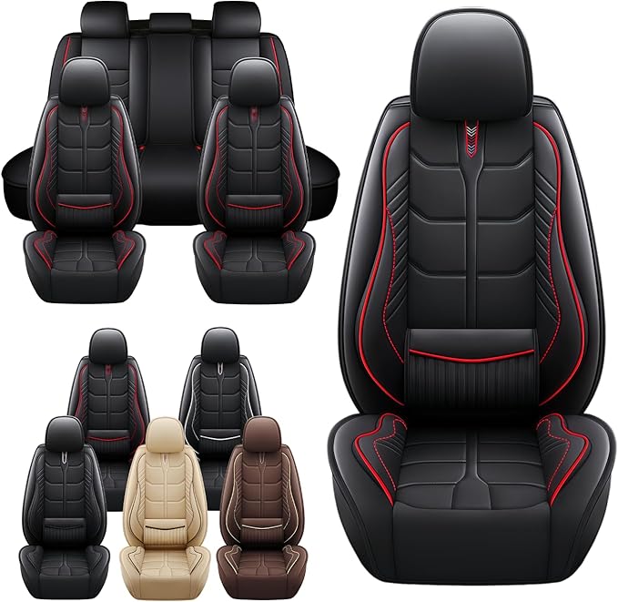 Leather Car Seat Covers Fit for Toyota Highlander 2001-2024, 5 Seater Car Seat Cover, Premium Waterproof, Scratch Resistant Car Interior Accessories (Full Set Black Red)