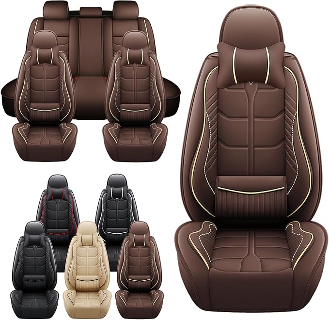 Leather Car Seat Covers Fit for Toyota Corolla Hatchback 2019-2024, 5 Seater Car Seat Cover, Premium Waterproof, Scratch Resistant Car Interior Accessories (Full Set with Pillow Coffee)