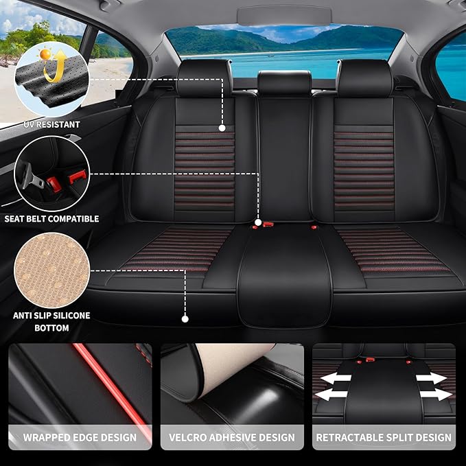 Car Seat Covers Full Set Fit for Toyota Prius 2001-2026, Premium Faux Leather Car Seat Protector,Breathable Anti-Slip Full Wrapping Edge Seat Covers(Black&Red,Full Set)