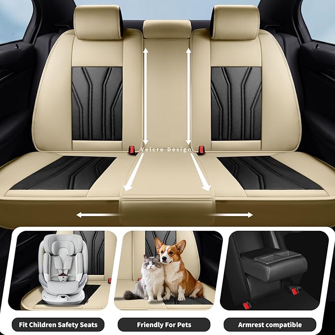 Fit Tucson Car Seat Covers Premium Leather for Hyundai Tucson 2010-2025 2026. Waterproof， Breathable, Scratch-Resistant & All-Weather Seat Cushion Protector (Full Set, Beige&Black)
