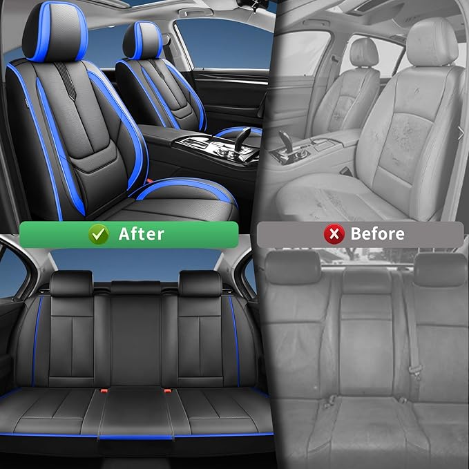Fit Insight Car Seat Covers for Honda Insight 2010-2021 2022-Upgraded Premium Waterproof & Breathable Leather,Airbag Compatible,All-Weather Seat Cushion Protector,Full Set,Black-Blue