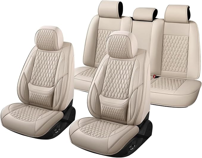 Car Seat Covers Full Set Custom Fit for Chevrolet/Chevy Spark 2012-2022 - Premium Faux Leather with Lumbar Support | Breathable, Waterproof, Anti-Slip, Durable (Beige,Full Set)