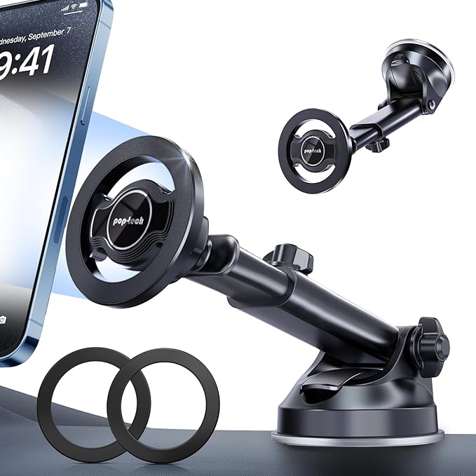 pop-tech for Magsafe Car Mount, Windshield Ultra Magnetic Phone Holder for Car, Dashboard Adjustable Military Suction Cup Phone Mount for iPhone 16 Pro Max 15 14 13 12 Plus, Smartphones, All Phones