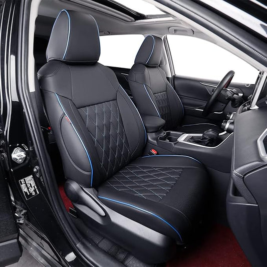 EKR Rav4 Seat Covers Custom Fit for Toyota Rav4 2021-2024 Prime SE,XSE & 2019-2025 Hybrid/PHEV SE,XSE, Leather Car Seat Cover Full Set for SUV,Faux Leather(Black with Blue Piping)