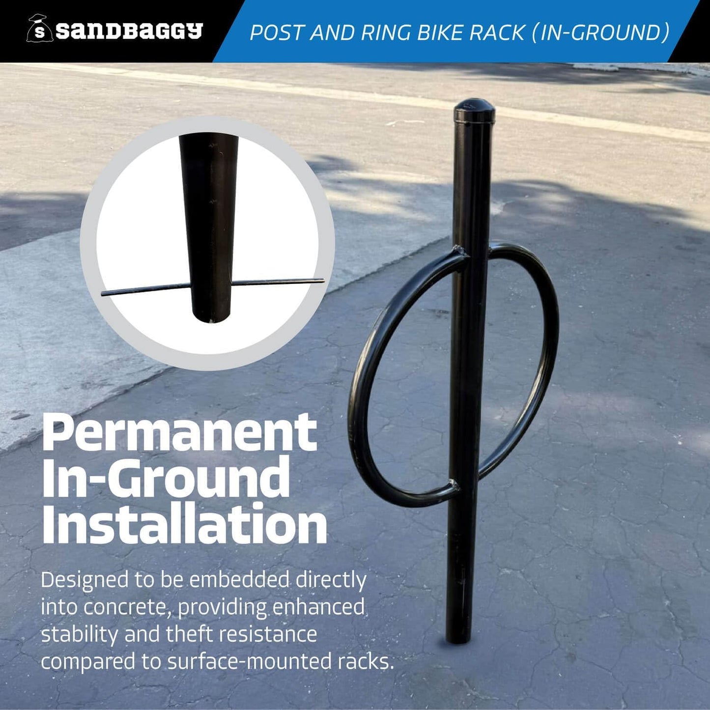 Sandbaggy Post and Ring Rack - In Ground - Commercial Outdoor Bike Parking & Storage Racks (Black, 10)