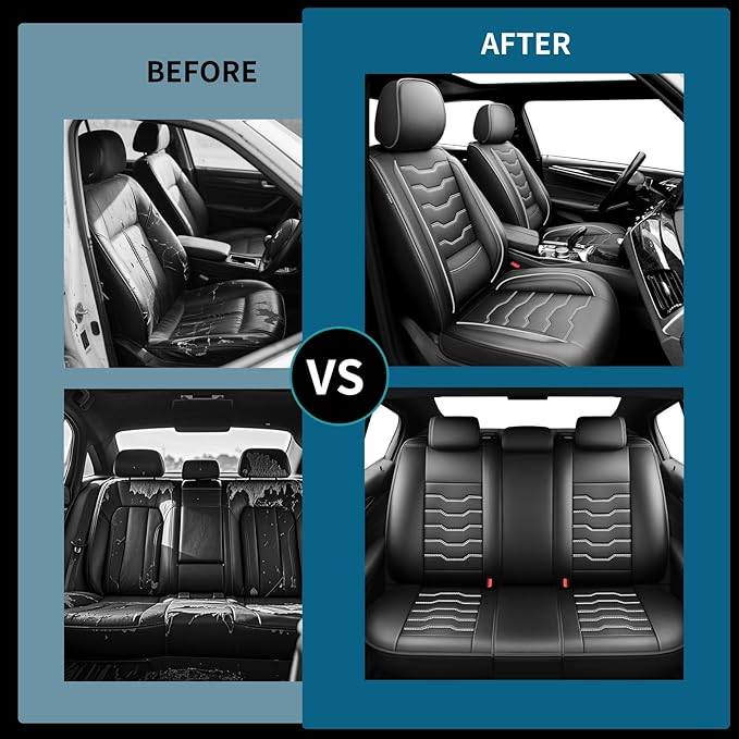 Fit Tucson Car Seat Covers Premium Leather for Hyundai Tucson 2010-2025 2026. Waterproof， Breathable, Scratch-Resistant & All-Weather Seat Cushion Protector (Full Set, White Line Black)