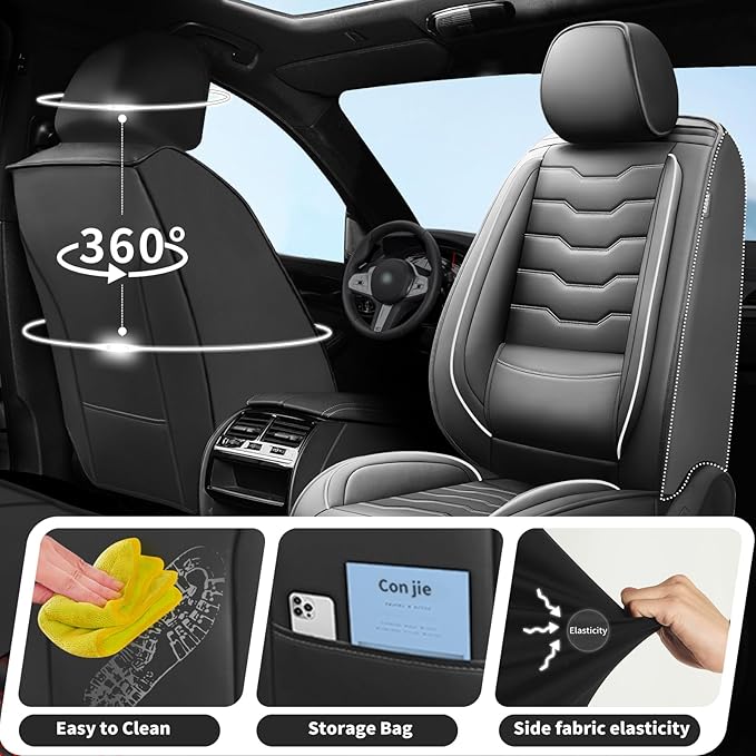 Fit Prius Car Seat Covers for Toyota Prius 2001-2025 2026 -Full Set Premium Leather, Waterproof, Breathable，All-Weather Seat Cushion Protecto & Airbag Compatible, 5-Seats White Line Black