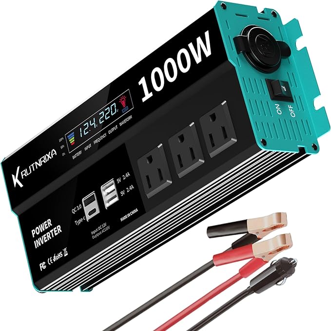 1000W Power Inverters 12V DC to 110V AC Converter for Vehicles USB-C/PD 25 Watts Fast Charging Ports Car Charger Adapter with a Cigarette Lighter Ports Plug Outlet
