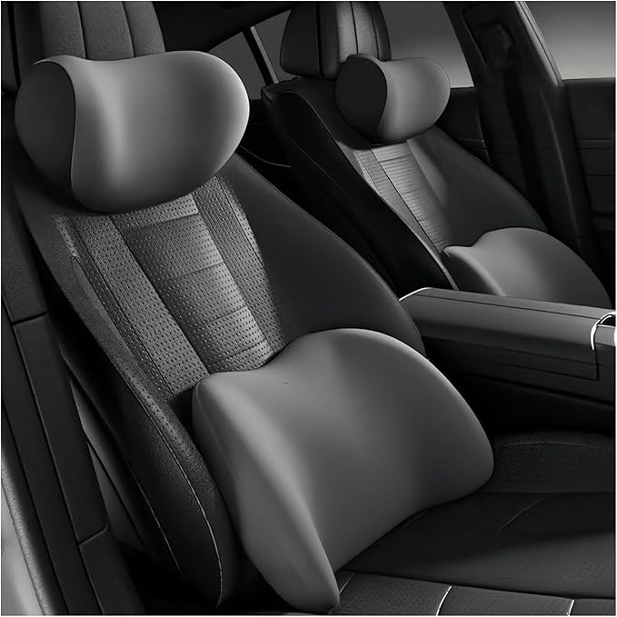 Car Lumbar Support Pillow and Car Neck Pillow Kit for Tata Nano 2008-2012 2013 2014 2015 2016 2017 2018, Car Seat Neck Back Rest Pillows, Ergonomic Car Seat Headrest & Lumbar Cushion,B Grey