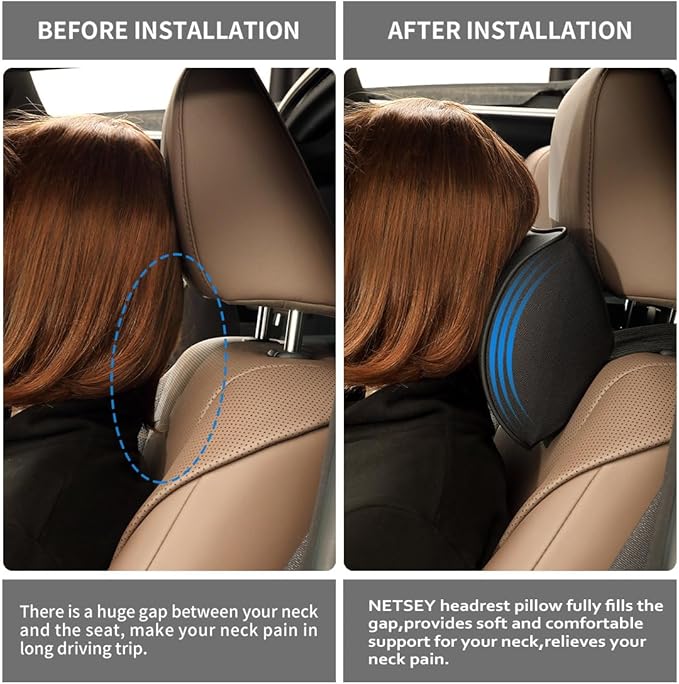 Car Headrest Pillow, Soft Memory Foam Car Neck Pillow with Adjustable Strap, Removable Breathable Cover for Long Drives & Office (Black, Pack of 2)