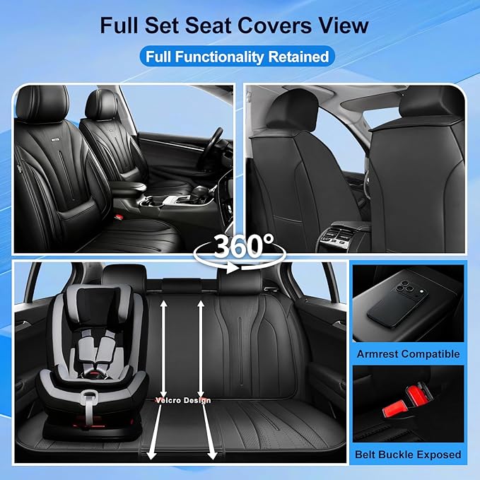Fit Insight Car Seat Covers for Select Honda Insight 2010-2022, Premium Full Coverage Leather, Airbag Compatible & Scratch-Resistant, Waterproof & All Weather Seat Protector, Full Set, Black