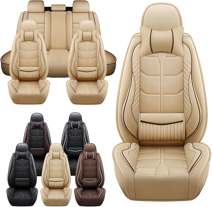 Leather Car Seat Covers Fit for Toyota Corolla Hybrid 2020-2024, 5 Seater Car Seat Cover, Premium Waterproof, Scratch Resistant Car Interior Accessories (Full Set with Pillow Beige)