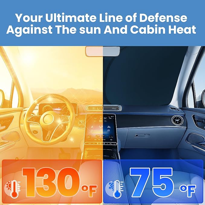 Windshield Sun Shade for Ford F-150 2021 2022 2023 2024 2025 2026 – Custom Fit Sun Shield with Mirror Cut‑Out, Blocks Heat & UV, Foldable with Storage Pouch - Ford F-150 Windshield Sunshade
