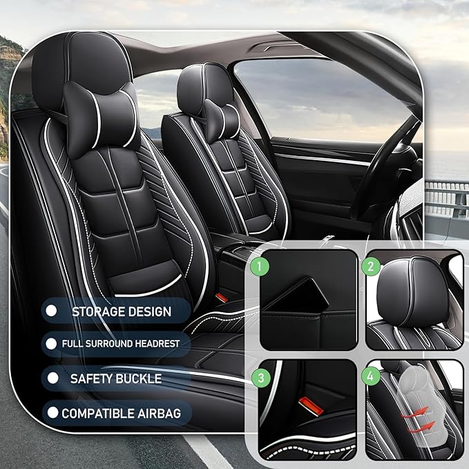Leather Car Seat Covers Fit for Toyota Highlander 2001-2024, 5 Seater Car Seat Cover, Premium Waterproof, Scratch Resistant Car Interior Accessories (Full Set with Pillow Black White)