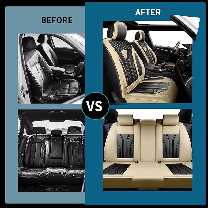 Fit Tucson Car Seat Covers Premium Leather for Hyundai Tucson 2010-2025 2026. Waterproof， Breathable, Scratch-Resistant & All-Weather Seat Cushion Protector (Front Seat, Beige&Black)