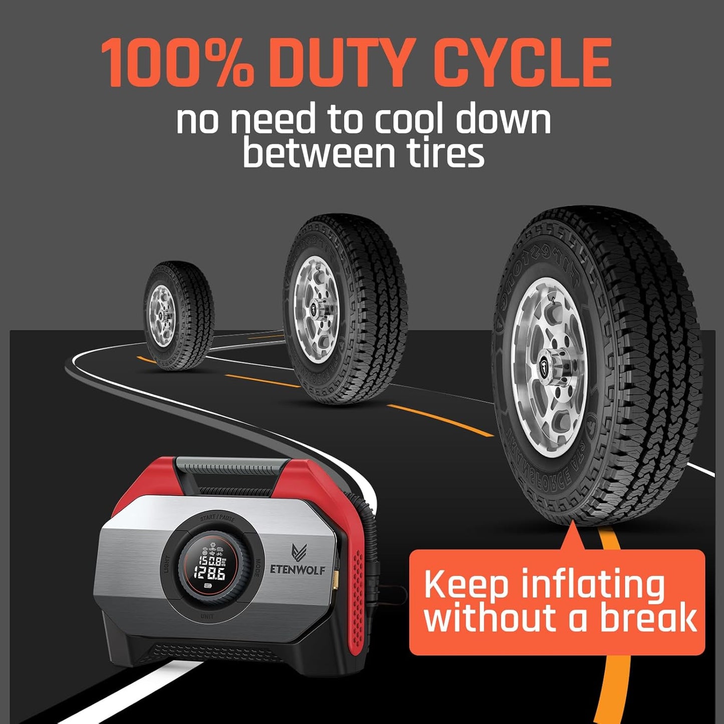 ETENWOLF VORTEX S6 Tire Inflator Portable Air Compressor for Heavy-duty Vehicle, Cordless Air Pump for Car & Inflatables with 19200 mAh Battery, 100% Duty Cycle & Dual Cylinder Bike Pump, Red