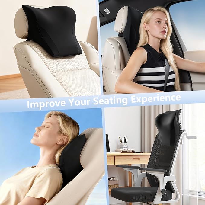 BABUR Car Headrest Pillow | Ergonomic Memory Foam Neck Shoulder Support Pillow with Adjustable Design & Enlarged Surface | Pain Relief for Driving Travel Sleeping | Black 1 Pack