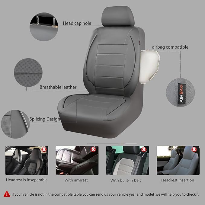 CAR PASS Piping Faux Leather Car Seat Cover Full Set,Grey Breathable Leather Seat Covers for Cars, Airbag Compatible,Universal Fit for SUVs,Van,Sedans,Small Trucks (Full Set, All Gray)