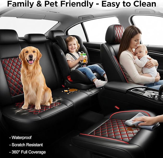 Fit Ioniq Car Seat Covers for Hyundai Ioniq 2017-2026 - Premium Leather, Waterproof, All-Weather, Airbag Compatible, Anti-Slip, Breathable, Easy Install, Seat Protectors, Full Set, Redline