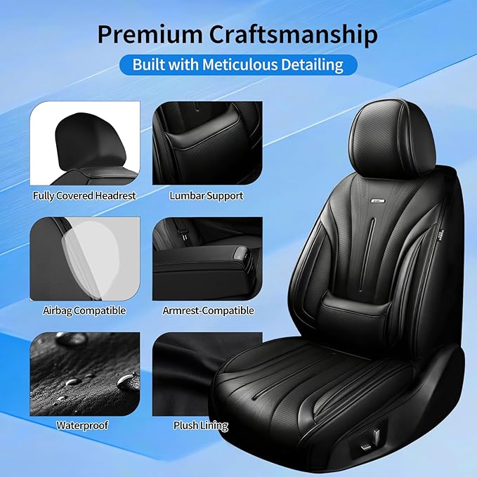 Fit CRV Car Seat Covers (Front Pair) for Select Honda CR-V 2011-2026 - Premium Full Coverage Leather, Airbag Compatible, Waterproof & All Weather Breathable Seat Cushion Protector, Black