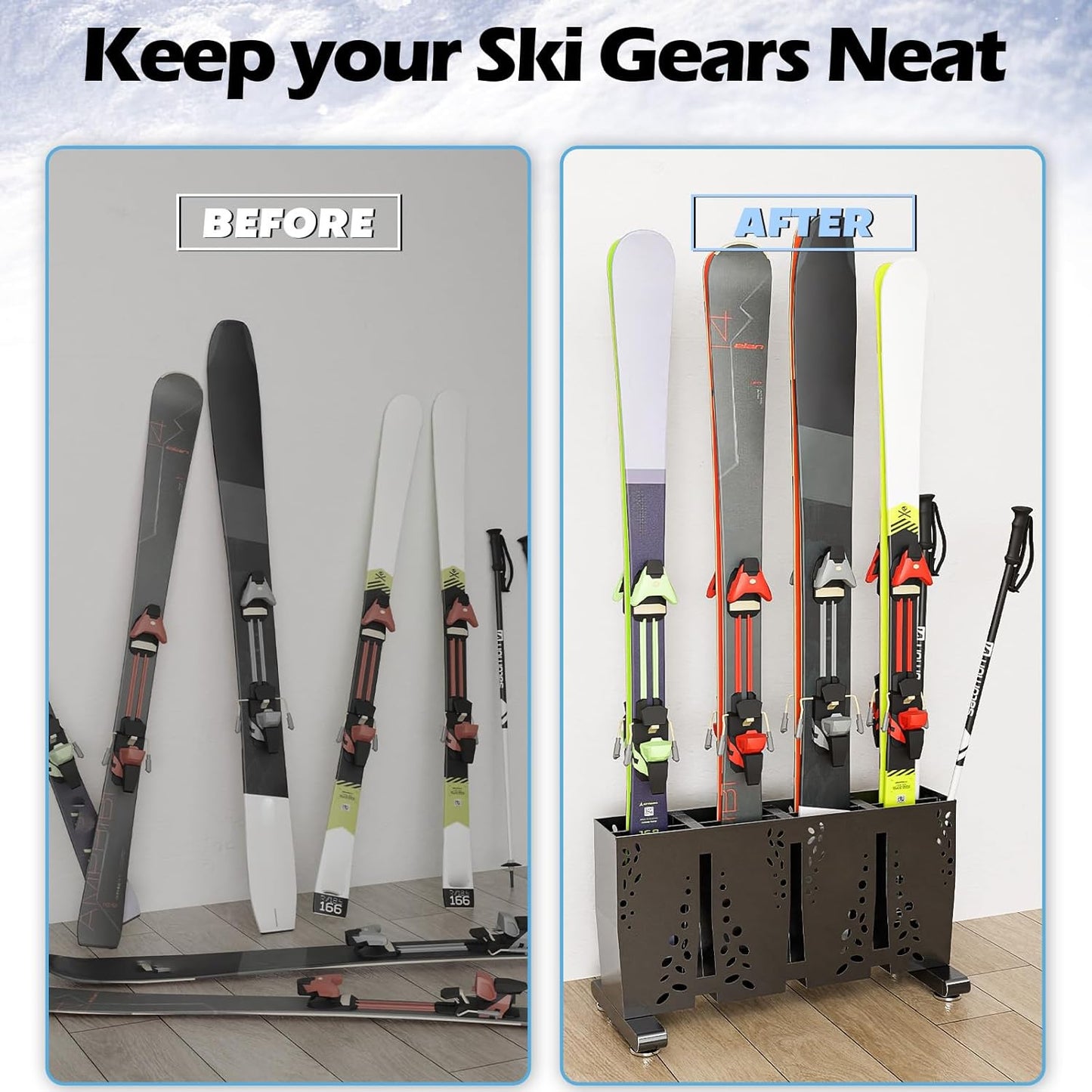 Heavy Duty Metal Ski Storage Rack, 4 Pair Freestanding Steel Ski Holder, Floor Stand Ski Organizer Rack, Snowboard Floor Stand Organizer for Garage and Home