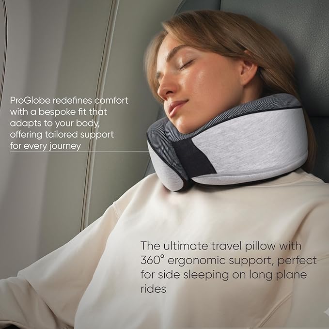 Proglobe Travel Neck Pillows for Airplanes, Sleeping Essentials for Long haul Flights, 360° Head Support, Car and Airplane Kit with 3D Contoured Eye Mask, Earplugs and Luxury Mesh Bag (Adult, Grey)