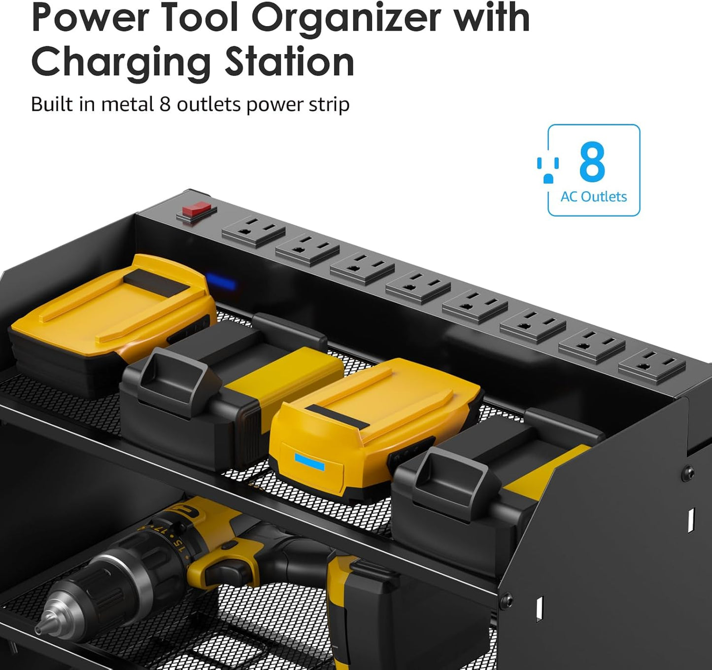 CCCEI Modular Power Tool Organizer Wall Mount Charging Station, Black 6 Drills Holder with 8 Plug Power Strip 10FT, Garage Drill Battery Heavy Duty Metal Shelf, Utility Rack with Hooks, Side Storage.