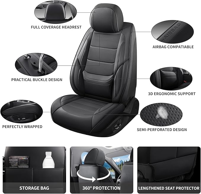 Car Seat Covers Full Set Custom Fit for Saturn Aura 2006-2009,Premium Faux Leather with Lumbar Support, Breathable, Anti-Slip & Soft Touch(Black,Fullset)