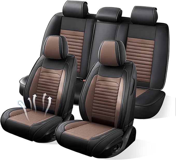 Truck Seat Covers Full Set Fit for Toyota Tacoma 2001-2025, Premium Faux Leather Car Seat Protector,Breathable Anti-Slip Full Wrapping Edge Seat Covers(Black&Brown,Full Set)