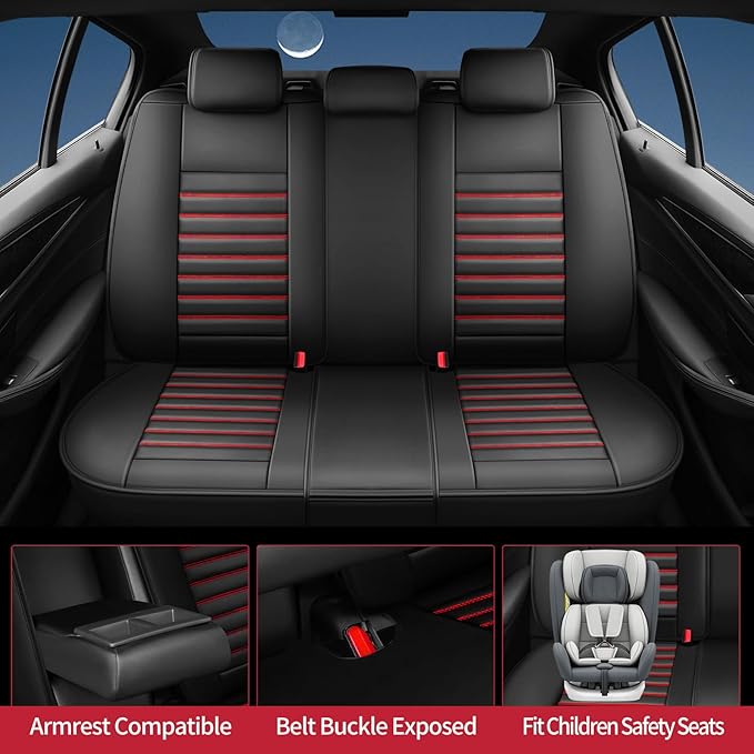 Fit Accord Car Seat Covers for Honda Accord 2003-2024 2025 2026 - Upgraded Premium Waterproof & Breathable Leather, Airbag Compatible, All-Weather Seat Cushion Protector (Full Set, Black+Red)