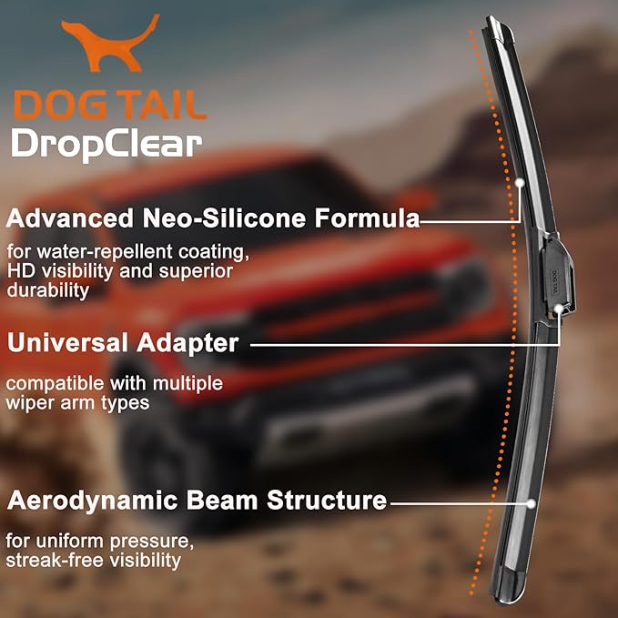 DOG TAIL Water Repellent Silicone Wiper Blades 26" 16" Set with Multiple Adapters and 2 Refills, Automotive Replacement Front Windshield Wiper Blades for My Car with Water Repellency Formula DropClear