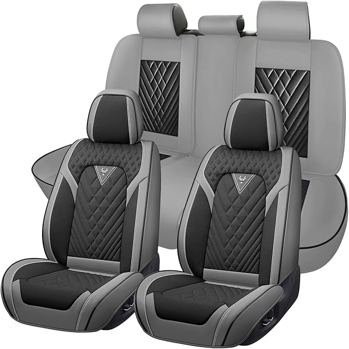 Truck Seat Covers for GMC Sierra 2500 2007-2026, Waterproof Premium Leather Full Coverage Car Seat Cover, Muscle Sport Style Auto Interior Seat Cover Sets (Full Set/Gray Black)