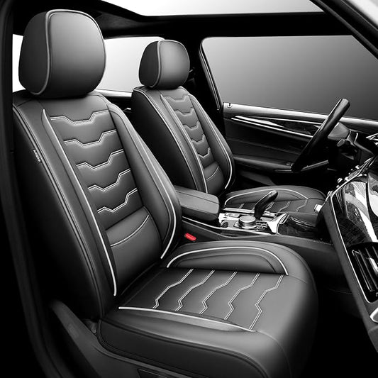 Fit Tucson Car Seat Covers Premium Leather for Hyundai Tucson 2010-2025 2026. Waterproof， Breathable, Scratch-Resistant & All-Weather Seat Cushion Protector (Front Seat, White Line Black)