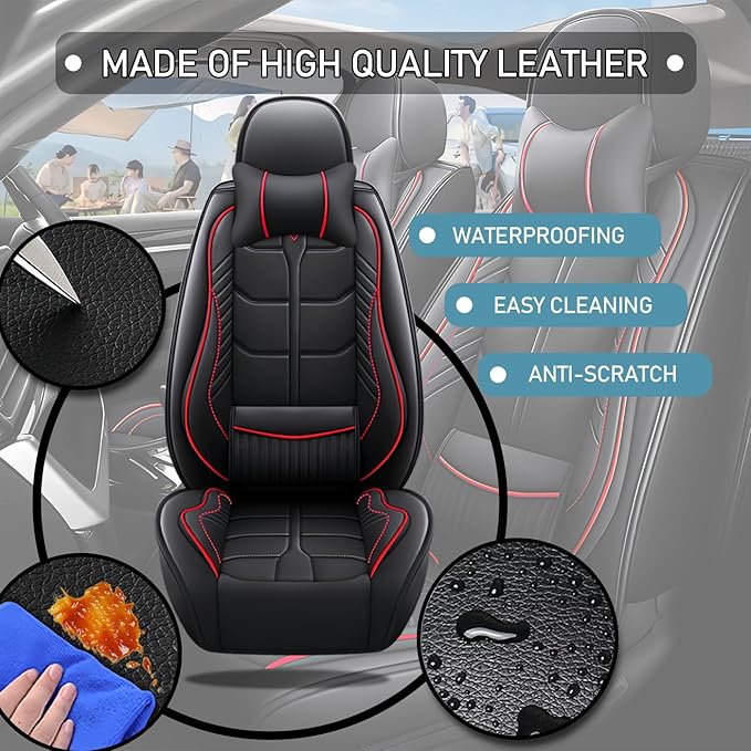 Leather Car Seat Covers Fit for Toyota Echo 2000-2005, 5 Seater Car Seat Cover, Premium Waterproof, Scratch Resistant Car Interior Accessories (Full Set with Pillow Black Red)