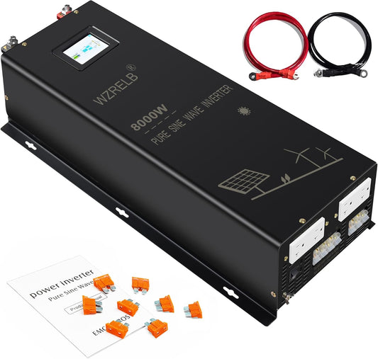 WZRELB 8000W 24V Pure Sine Wave Inverter,24 Volt DC to AC 120V 240V Split Phase Power Inverter,2*AC Hardwire Terminal,16KW Surge,High Efficiency up to 91.6% with LCD Display