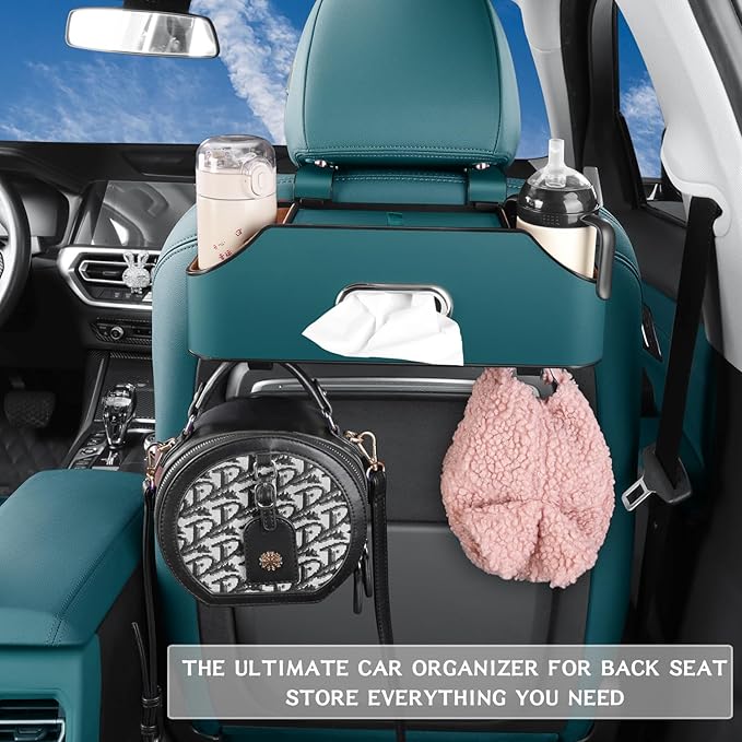HOLDCY Car Back Seat Organizer with 2 Drink Cup Holder - Tissue Box and Storage Box Hook - Multi-functional Storage - Great for Kids and Travel (Blue)