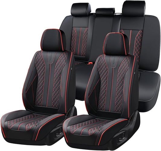 FLORICH Leather Seat Covers Car Seat Cover Front and Rear Seat Cover 5 Seats Automotive Seat Covers Waterproof Seat Covers for Cars Universal Fit for Most Cars SUV Trucks, Black&Red Line