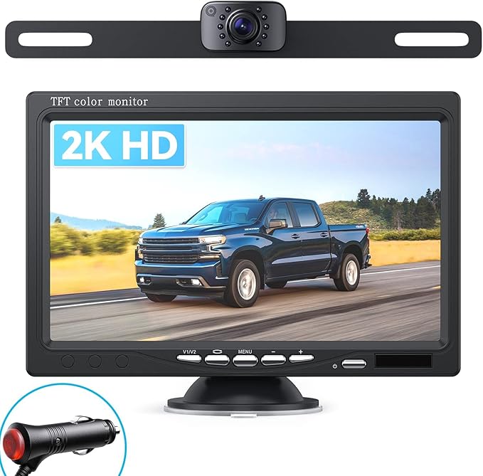 eRapta Backup Camera for Truck 7''HD 2K Front/Rear View Monitor kit IP69 Waterproof Night Vision DIY Grid Lines for Car RVs Trucks Tractors Bus Semi-Trailers Pickup AY7