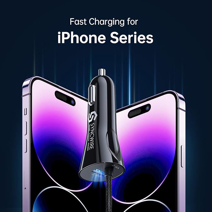 [Apple MFi Certified] Syncwire Car Charger iPhone 4.8A/24W Fast Car Phone Charger Cigarette Lighter USB Car Adapter with Build-in 8FT Lightning Cable Coiled for Apple iPhone 14/13/12/11/XR/Max, iPad
