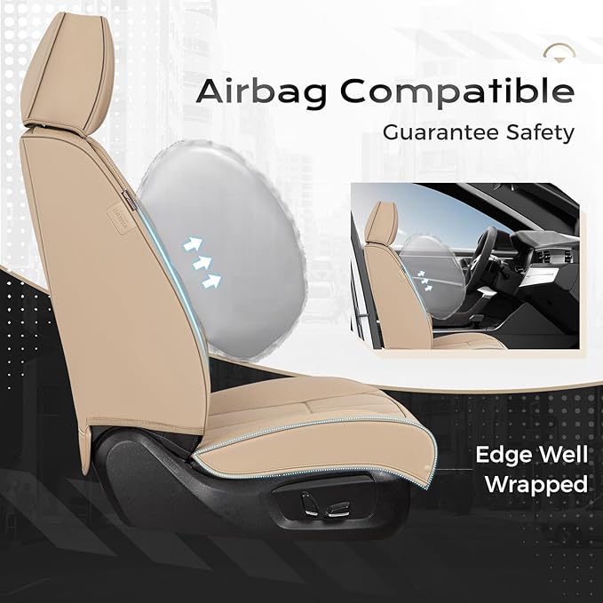 Coverado Car Seat Cover, Cover for Cars Full Seat, Premium Leather, Universal Fit Waterproof Seat Protectors, Car Seat Cushion Non-Slip for Most Cars-Beige