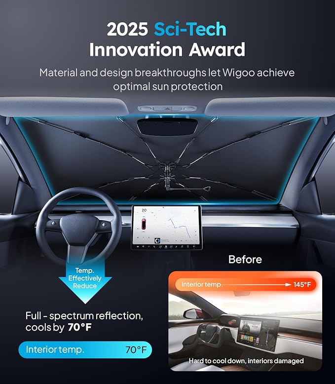 2025 Ice-Shield Car Windshield Sun Shade [100% Sun Block, 4th-Gen Cooling Tech] Reflective Heat Insulation, Portable Foldable Front Window Sunshade Umbrella for Truck/MPVs/Vans - Universal Fit 61"x39"
