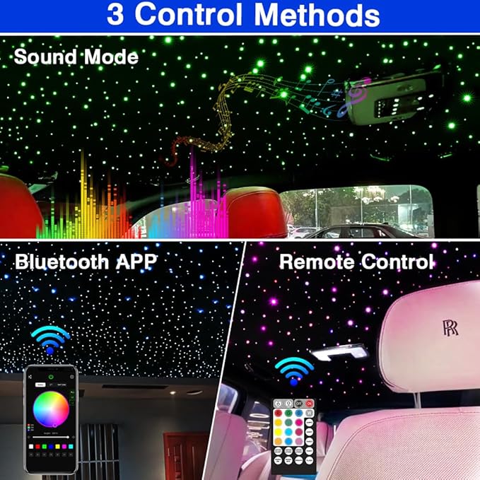 FIREWORK Starlight Headliner Kit, Fiber Optic Lights 10W RGBW Twinkle+Music Effect+APP+Remote, Mixed Diameter Fibers 360pcs of 9.8ft/3m (0.03+0.04+0.06in) for Star Lights for Car/EV & Home Ceiling
