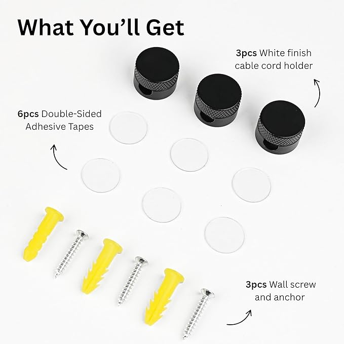 3PCS Cord Holder for Nightstand, Computer Cord Organizer for Desk, Appliance Cord Organizer, Stick-On Cable Clip for Charger, Laptop, USB, Headphones, Wire Management Set