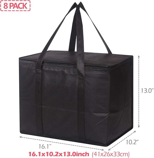 Set of 8 Large Insulated Reusable Grocery Bags with Sturdy Zipper and Handles, Foldable Washable Heavy Duty Cooler Totes for Hot or Cold Food Delivery, Groceries, Travel, Shopping