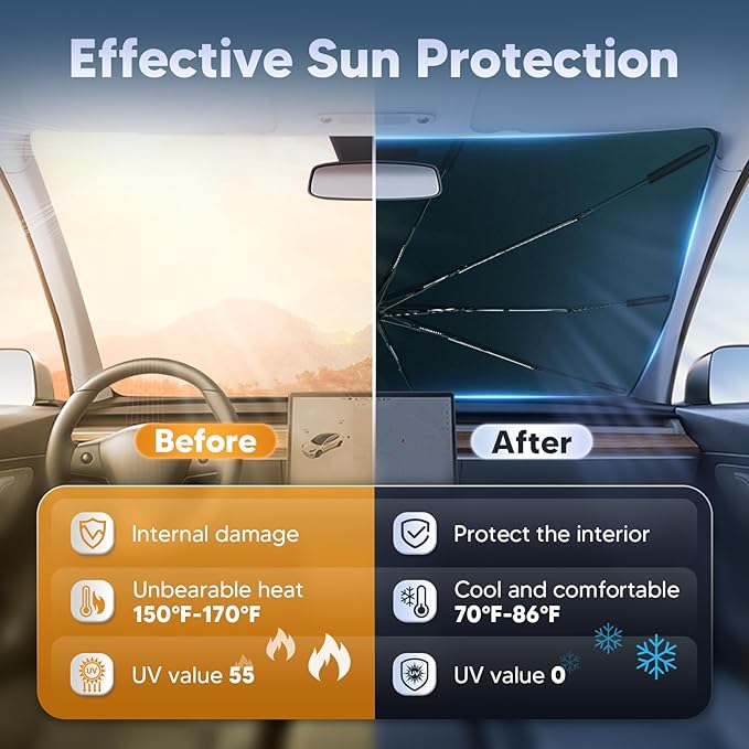 Autorder Windshield Sun Shade Umbrella for 2019-2026 Dodge RAM 1500 Accessories,Upgraded Ice Crystal Material,Easy Setup Umbrella Sunshade for Car Windshield,100% Sun Blocking