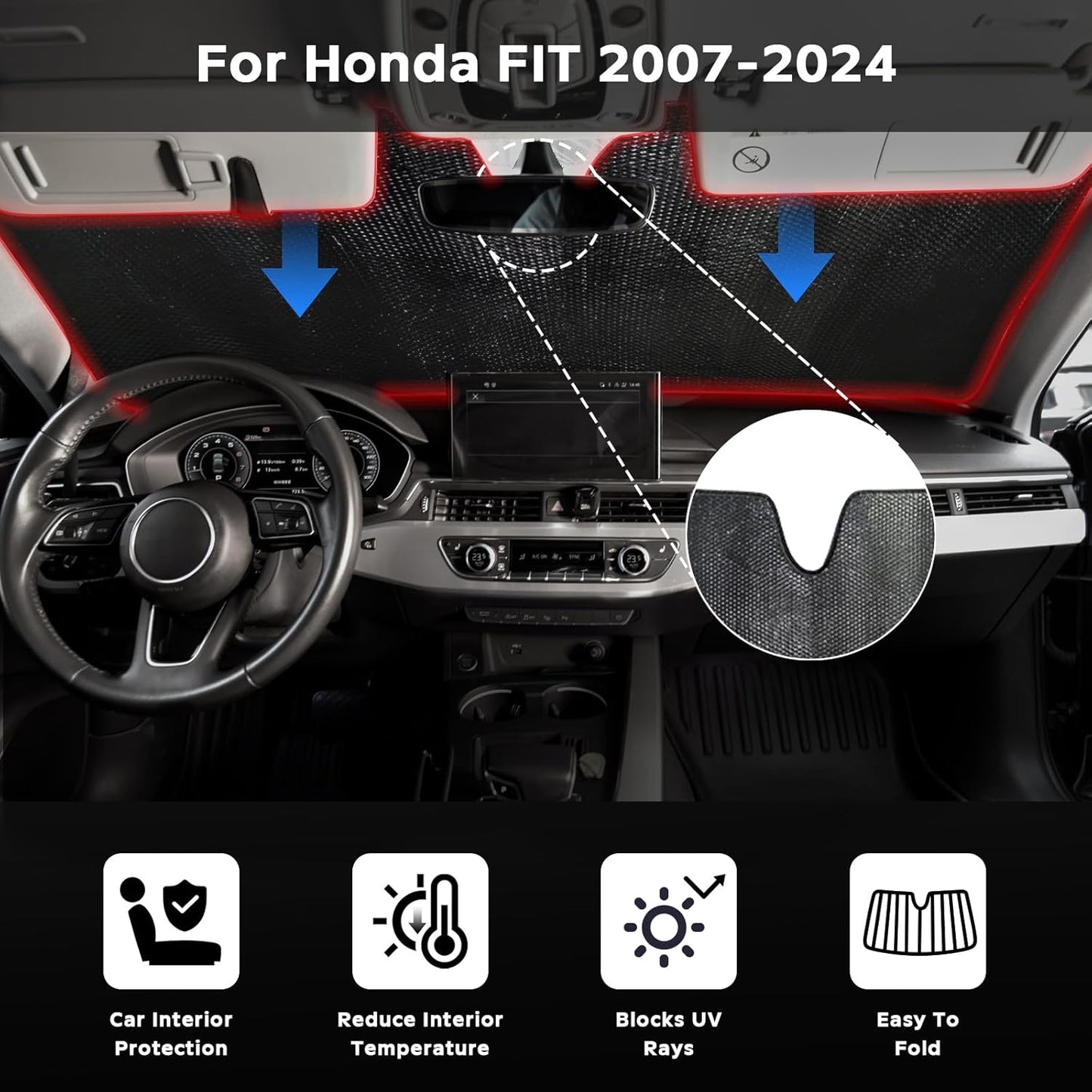 Windshield Sun Shade for 2007-2024 Honda Fit EX EXL Sport Engine - 5-Layer Bubble Foldable Front Window Shade Sun Visor Accessories - Blocks Heat & UV Rays