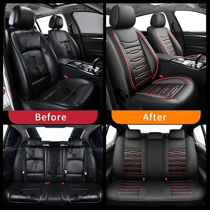 Fit Kona Car Seat Covers for Hyundai Kona 2018-2024 2025 2026 - Upgraded Premium Waterproof & Breathable Leather,Airbag Compatible, All-Weather Seat Cushion Protector(Full Set,Black+Red)