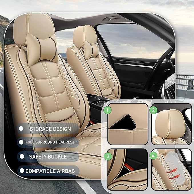 Leather Car Seat Covers Fit for Toyota FJ Cruiser 2002-2024, 5 Seater Car Seat Cover, Premium Waterproof, Scratch Resistant Car Interior Accessories (Full Set with Pillow Beige)